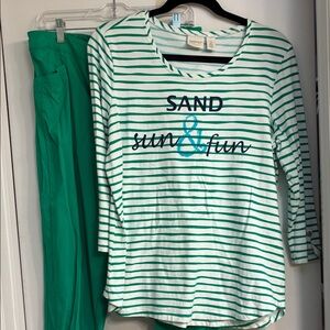 Chico’s Zenergy Striped 'Sand Sun & Fun' Tee - White & Green and Capris